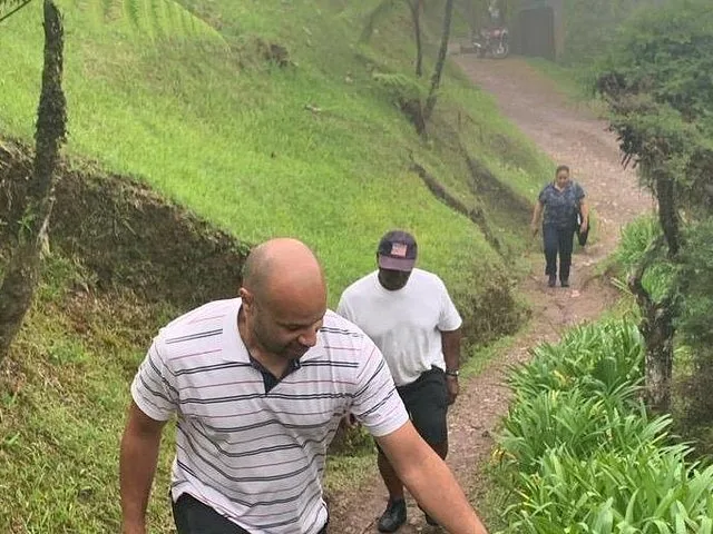 Menschen wandern auf einem Feldweg in einer grasbewachsenen, nebligen Landschaft.